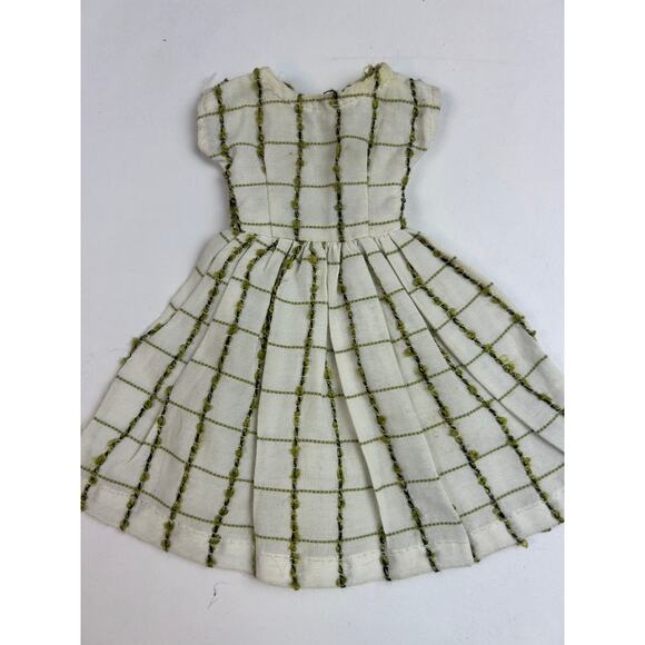 1960s Barbie clone white green check day dress, cap sleeves, 2-snap back vtg - Picture 2 of 3
